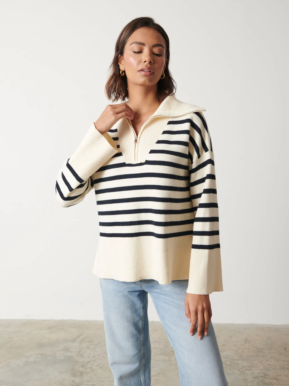 Jayden Funnel Neck Zip Jumper - Cream and Navy