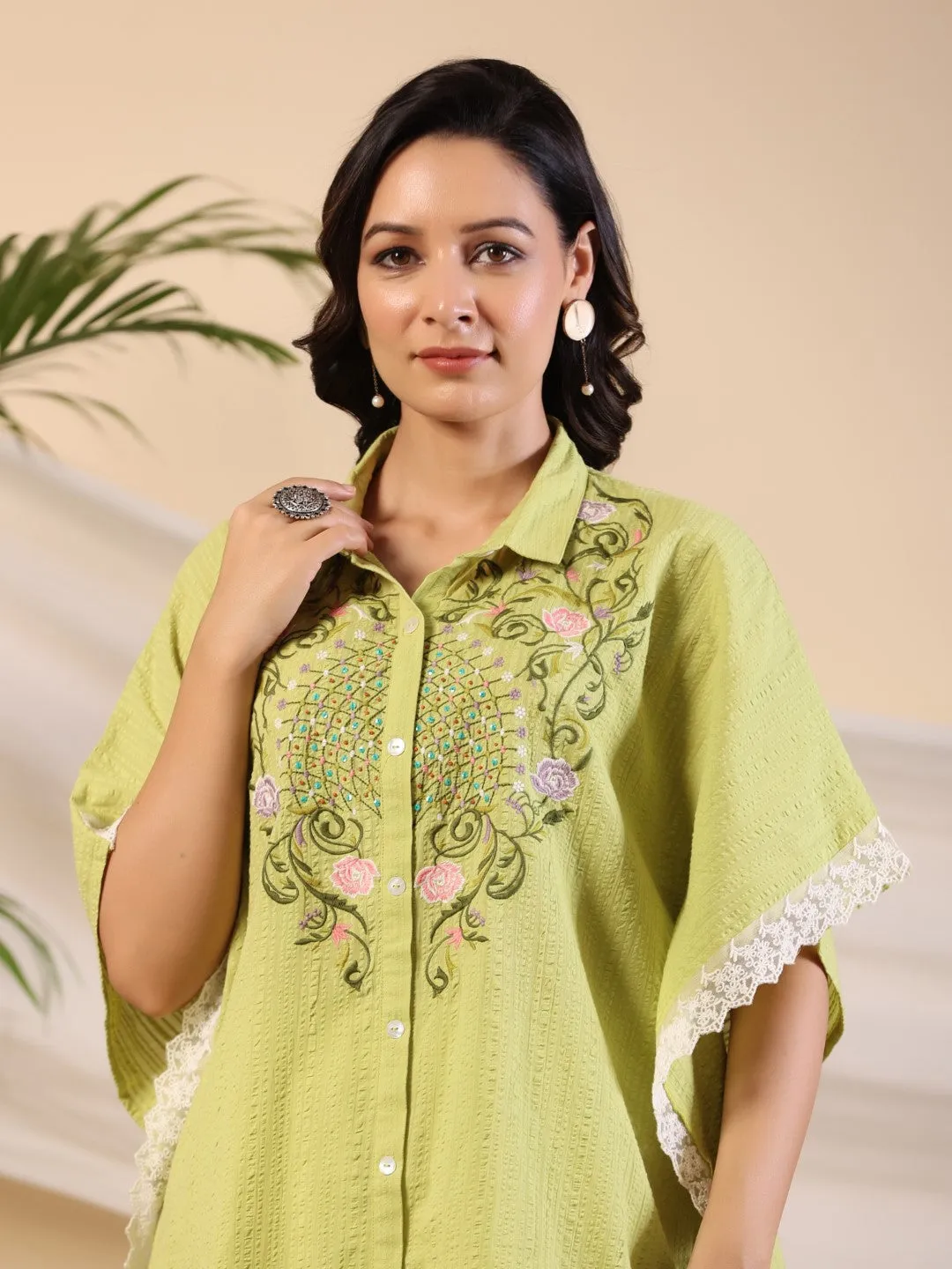 Juniper Green Floral Printed SeerSucker Kaftan tunic With Thread Work