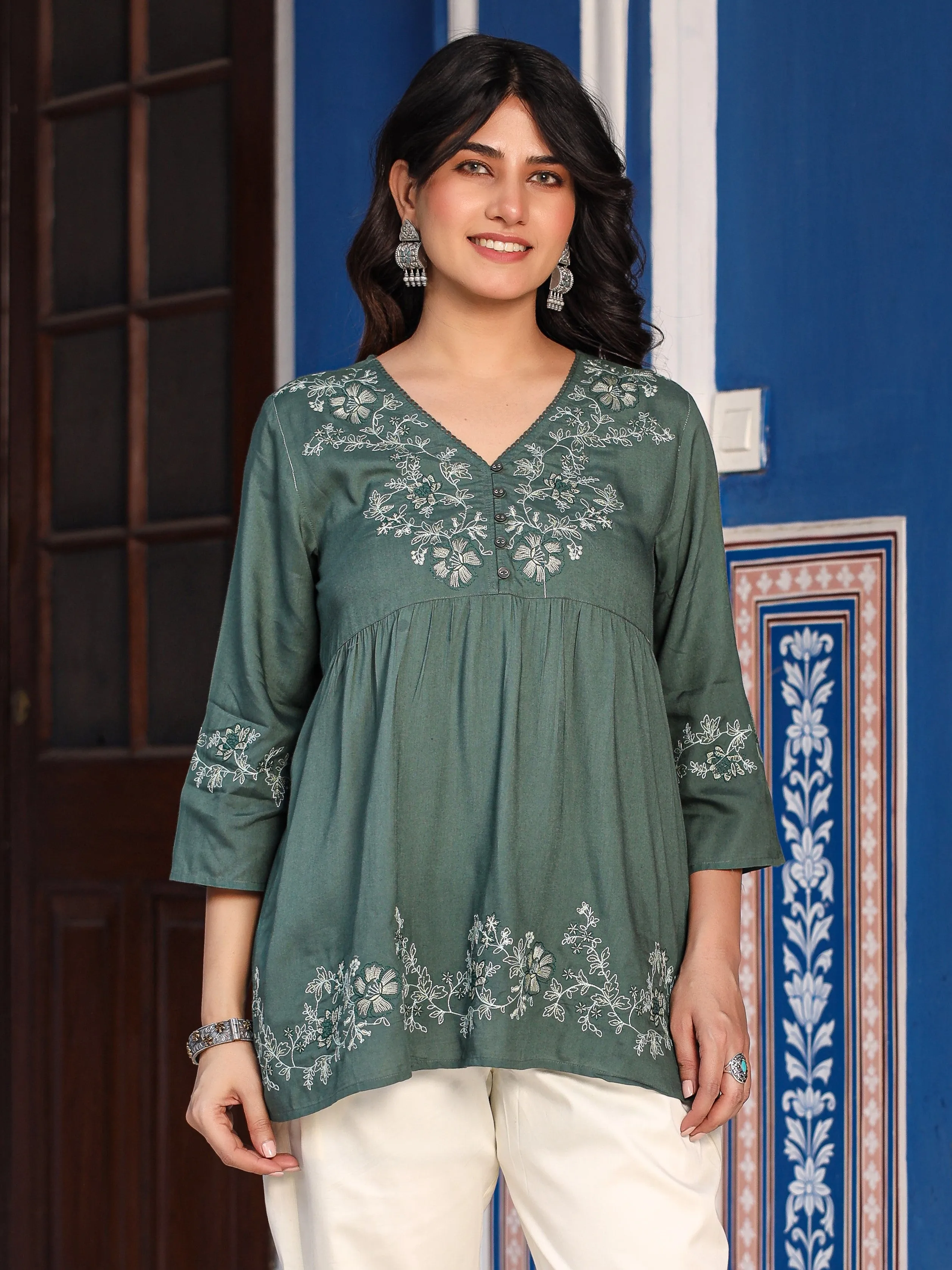 Juniper Green Modal Rayon Alia-Cut Embroidered Tunic