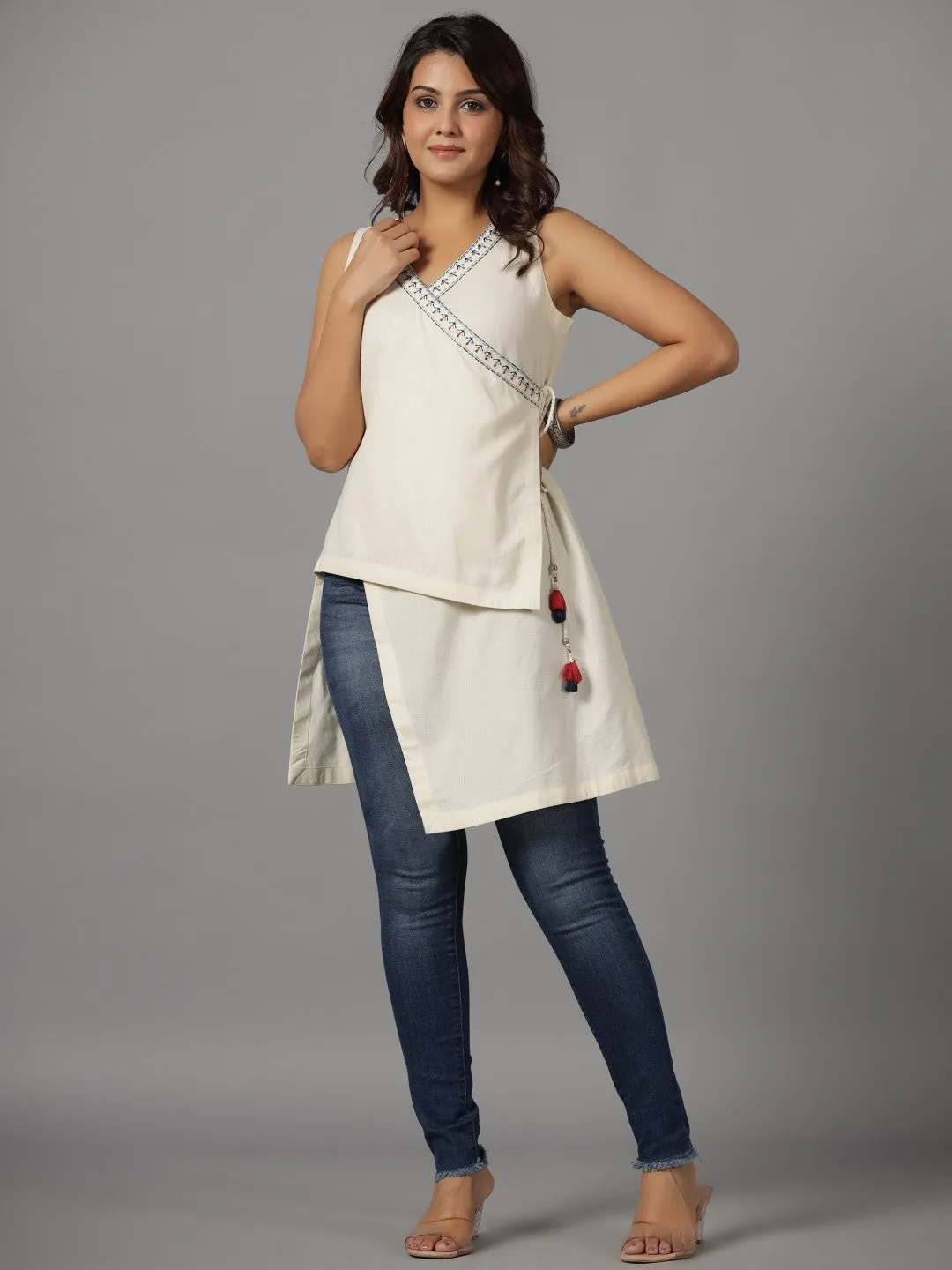 Juniper Off-White Solid With Embroidered Angrakha Cotton Flex Asymmetric Fusion Tunic With Side Tie-Ups