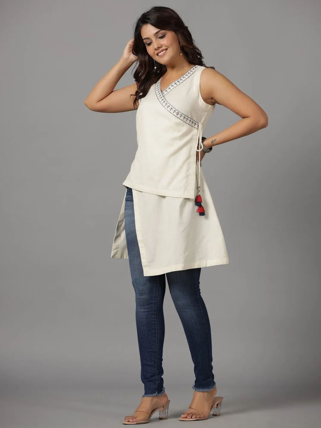 Juniper Off-White Solid With Embroidered Angrakha Cotton Flex Asymmetric Fusion Tunic With Side Tie-Ups