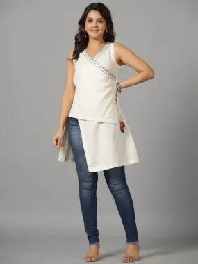 Juniper Off-White Solid With Embroidered Angrakha Cotton Flex Asymmetric Fusion Tunic With Side Tie-Ups