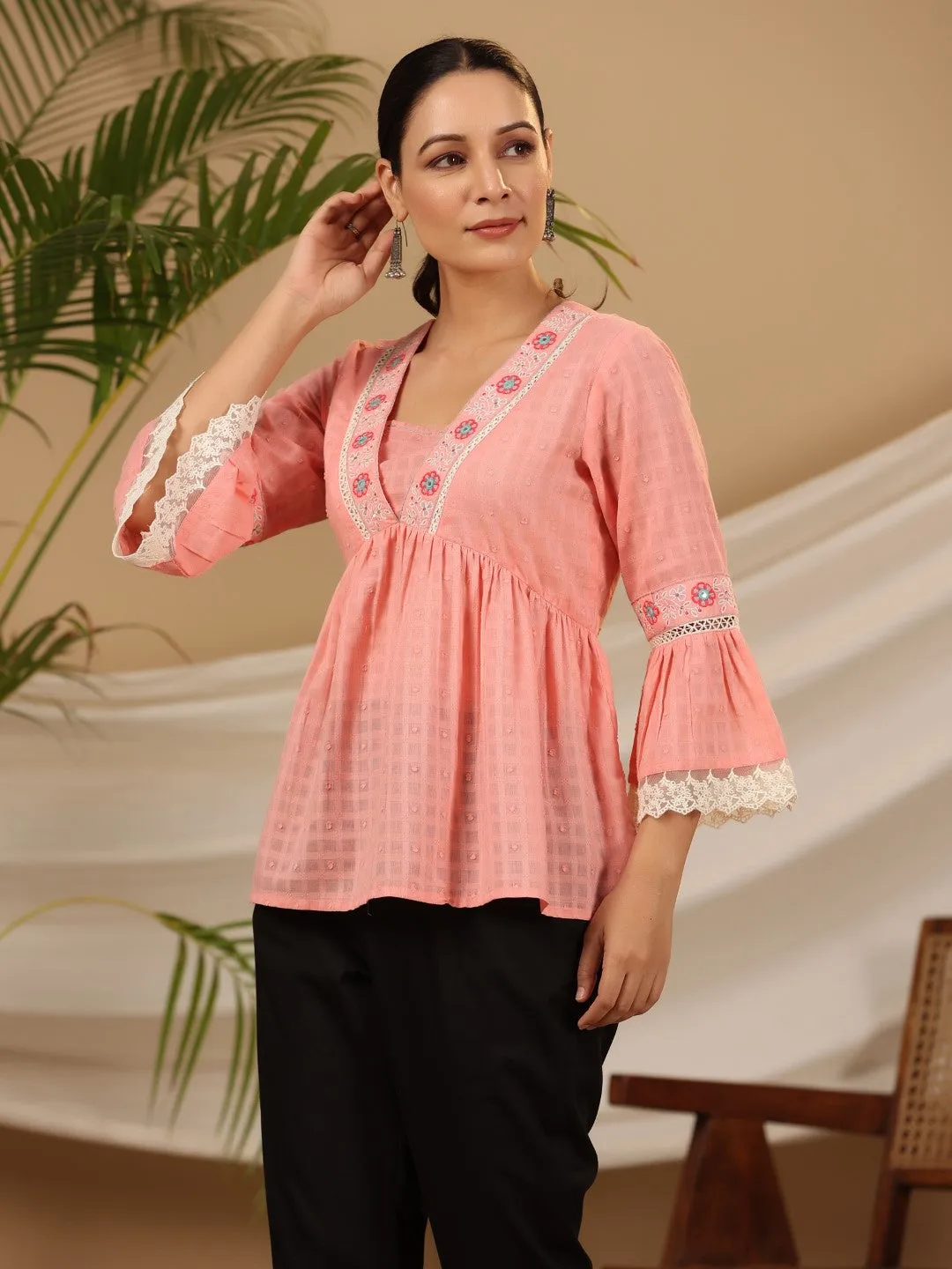 Juniper Peach Floral Embroidered Peplum Intricate Kantha Work Tunic With Lace