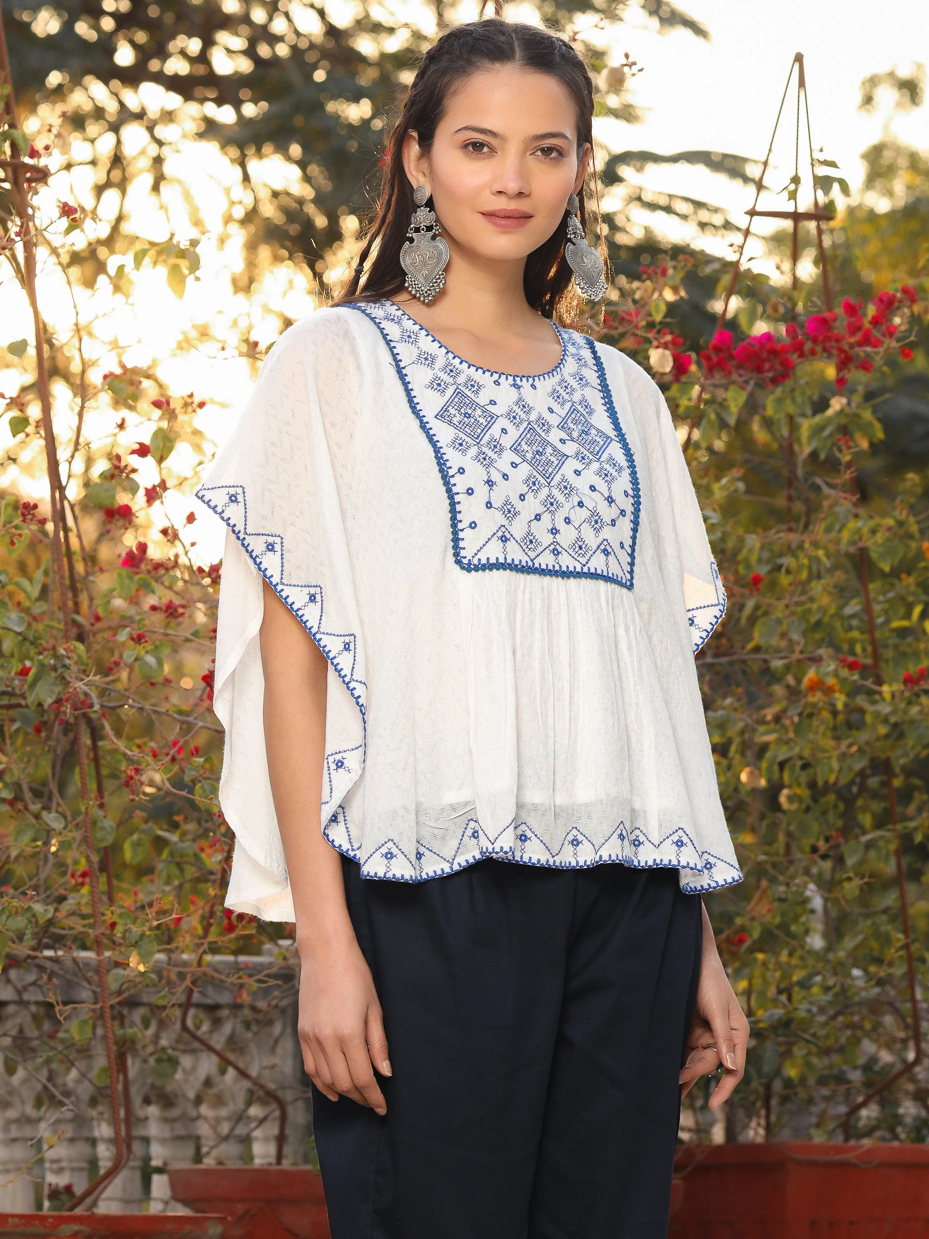 Juniper White Viscose Dobby Kaftan Tunic With Blue Thread Embroidery