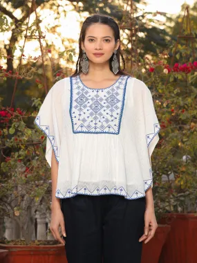 Juniper White Viscose Dobby Kaftan Tunic With Blue Thread Embroidery