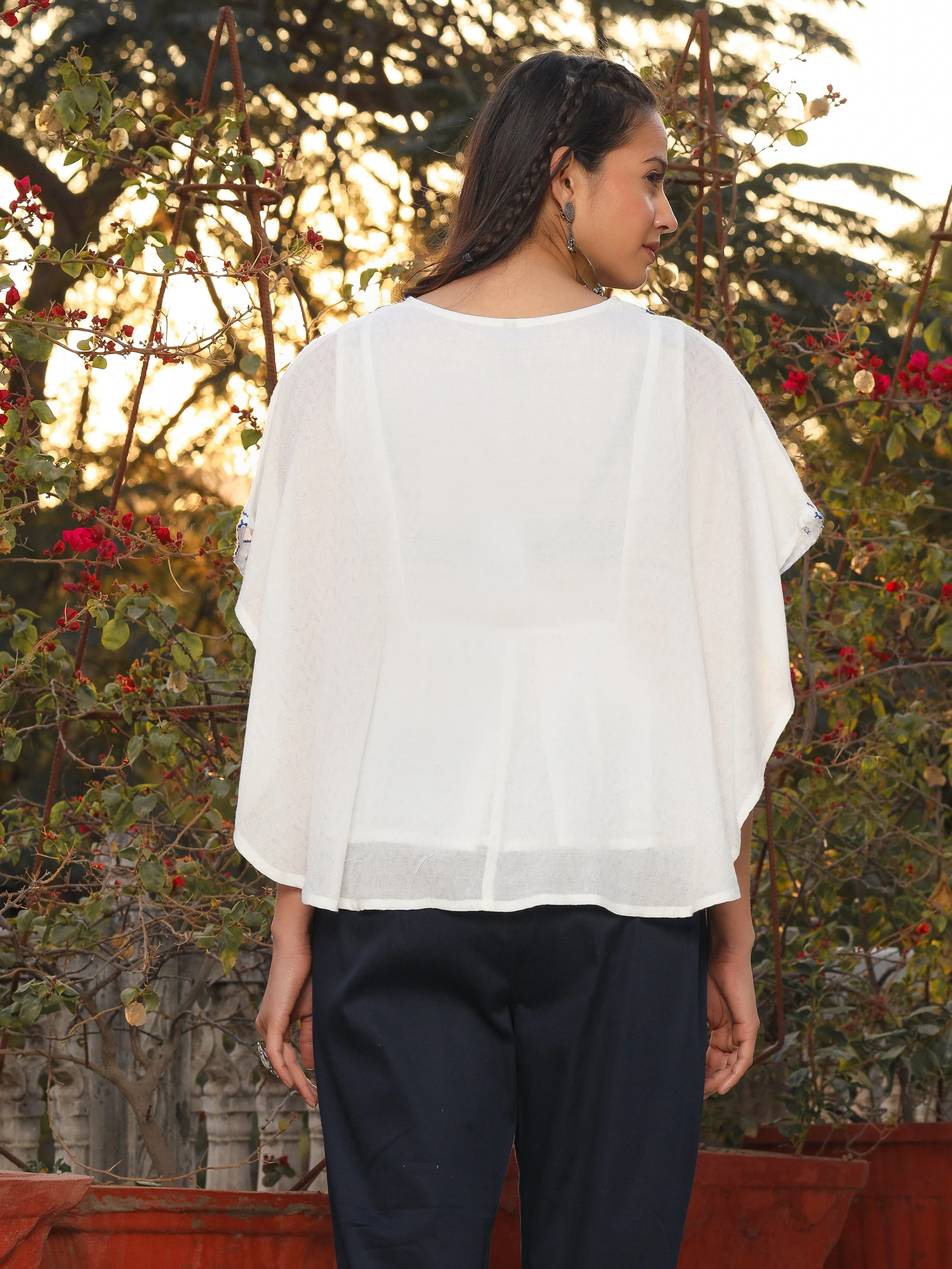 Juniper White Viscose Dobby Kaftan Tunic With Blue Thread Embroidery