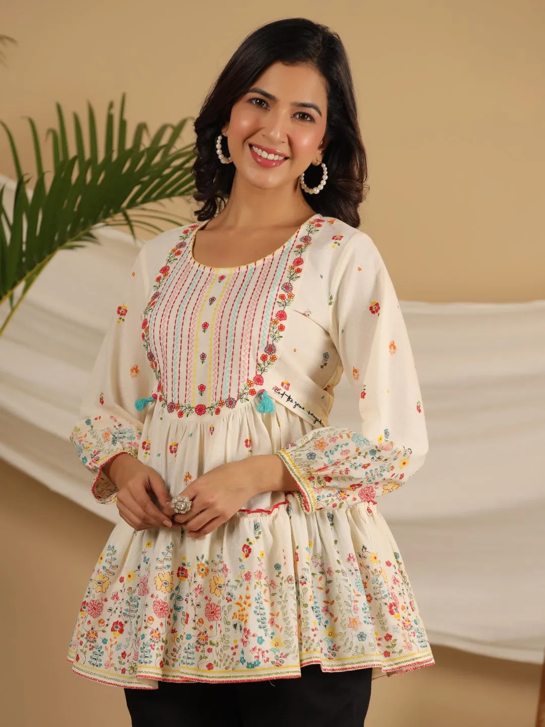 Juniper Women Off-White Floral Printed Cotton Peplum Tunic With Thread Embroidery