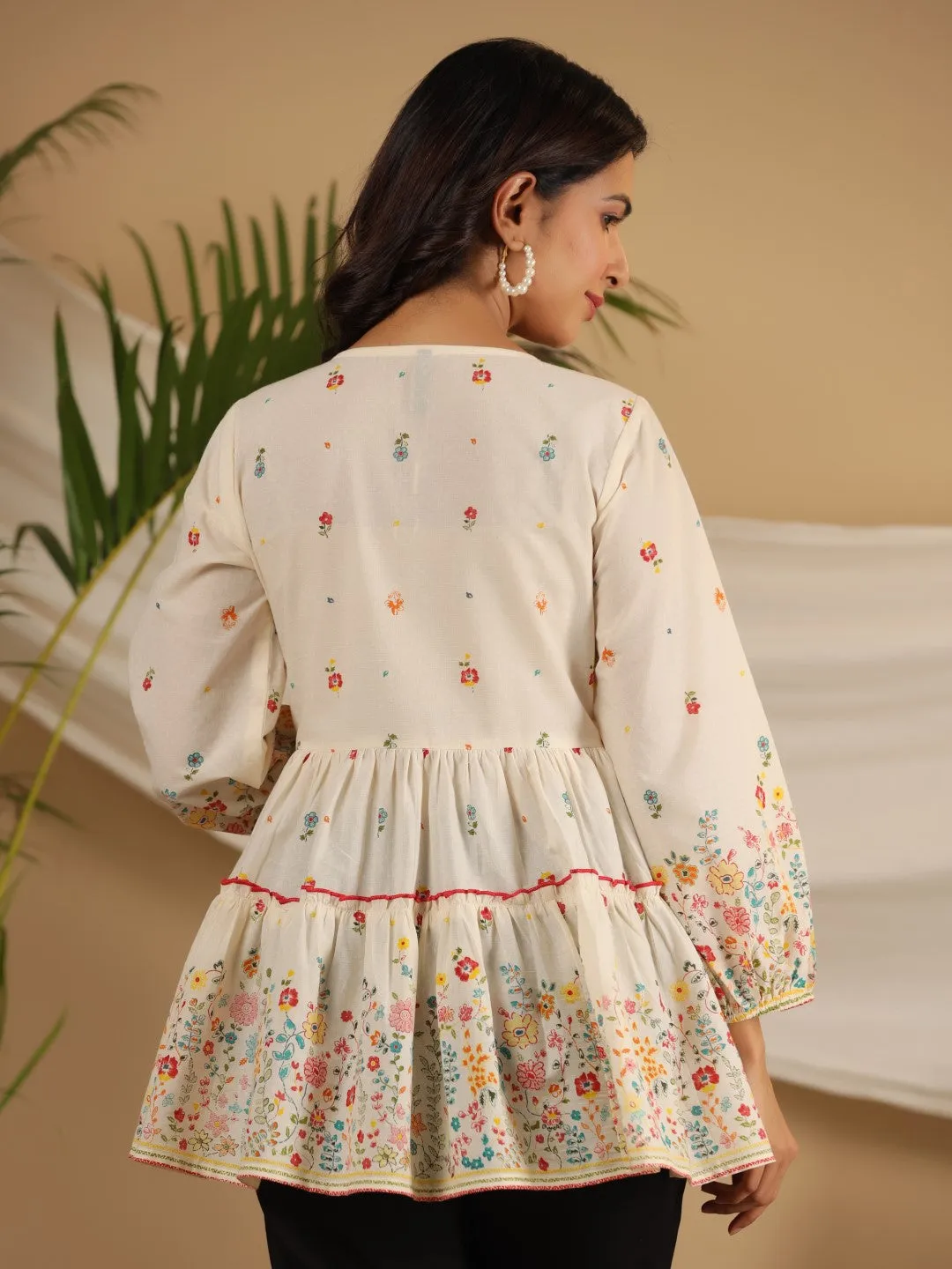 Juniper Women Off-White Floral Printed Cotton Peplum Tunic With Thread Embroidery