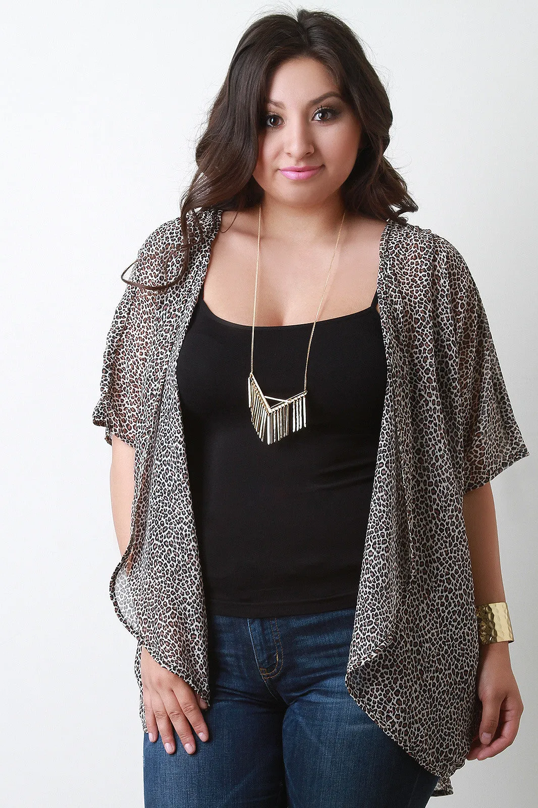 Leopard Chiffon Open Front Cardigan