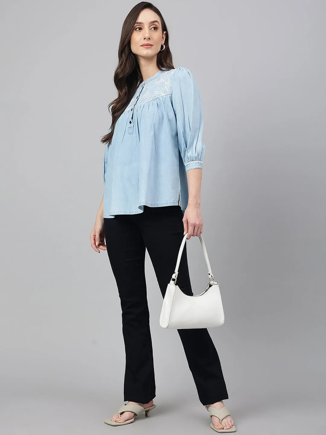 Light Blue Denim Embroidered Flared Tunic