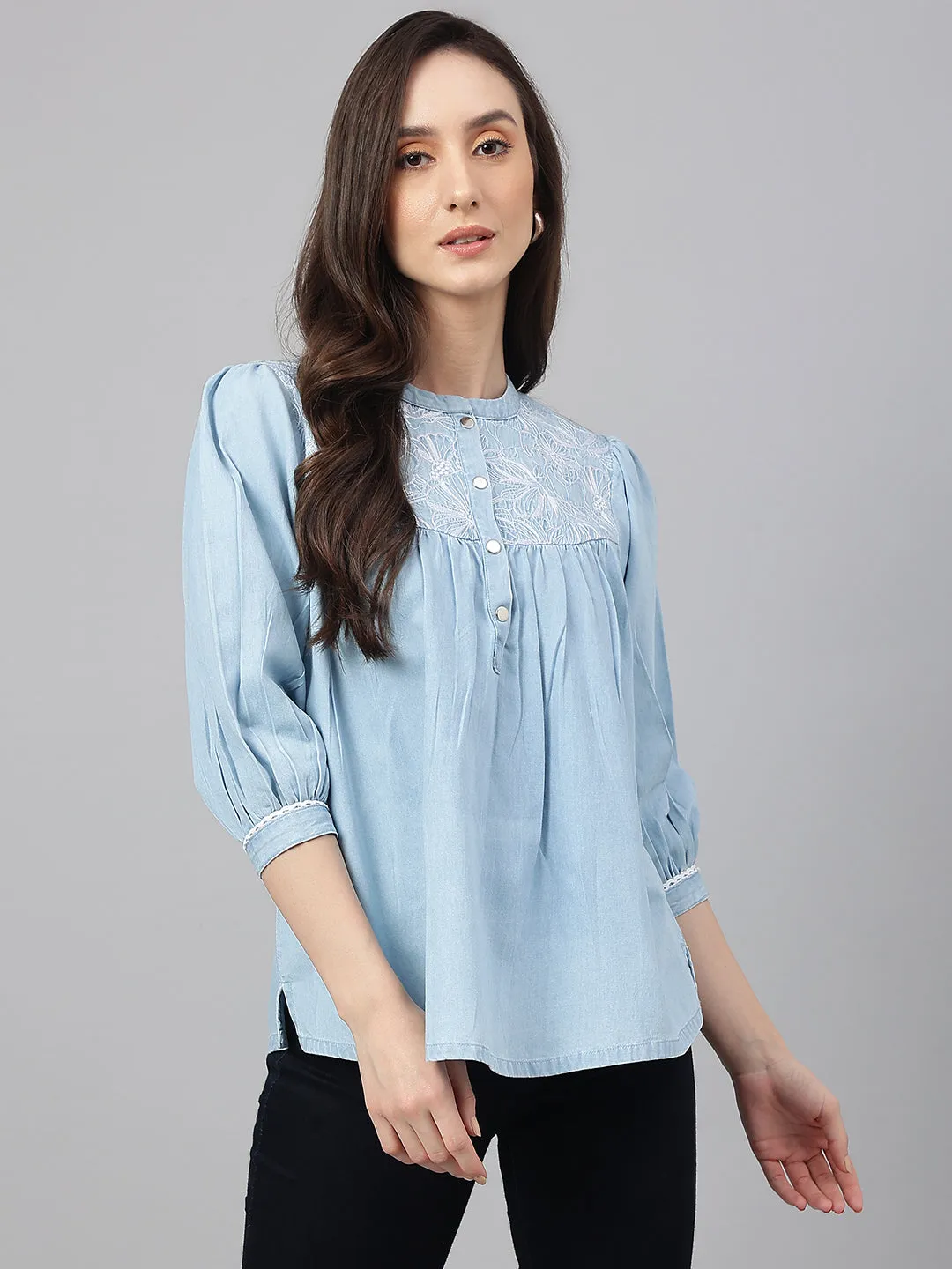 Light Blue Denim Embroidered Flared Tunic