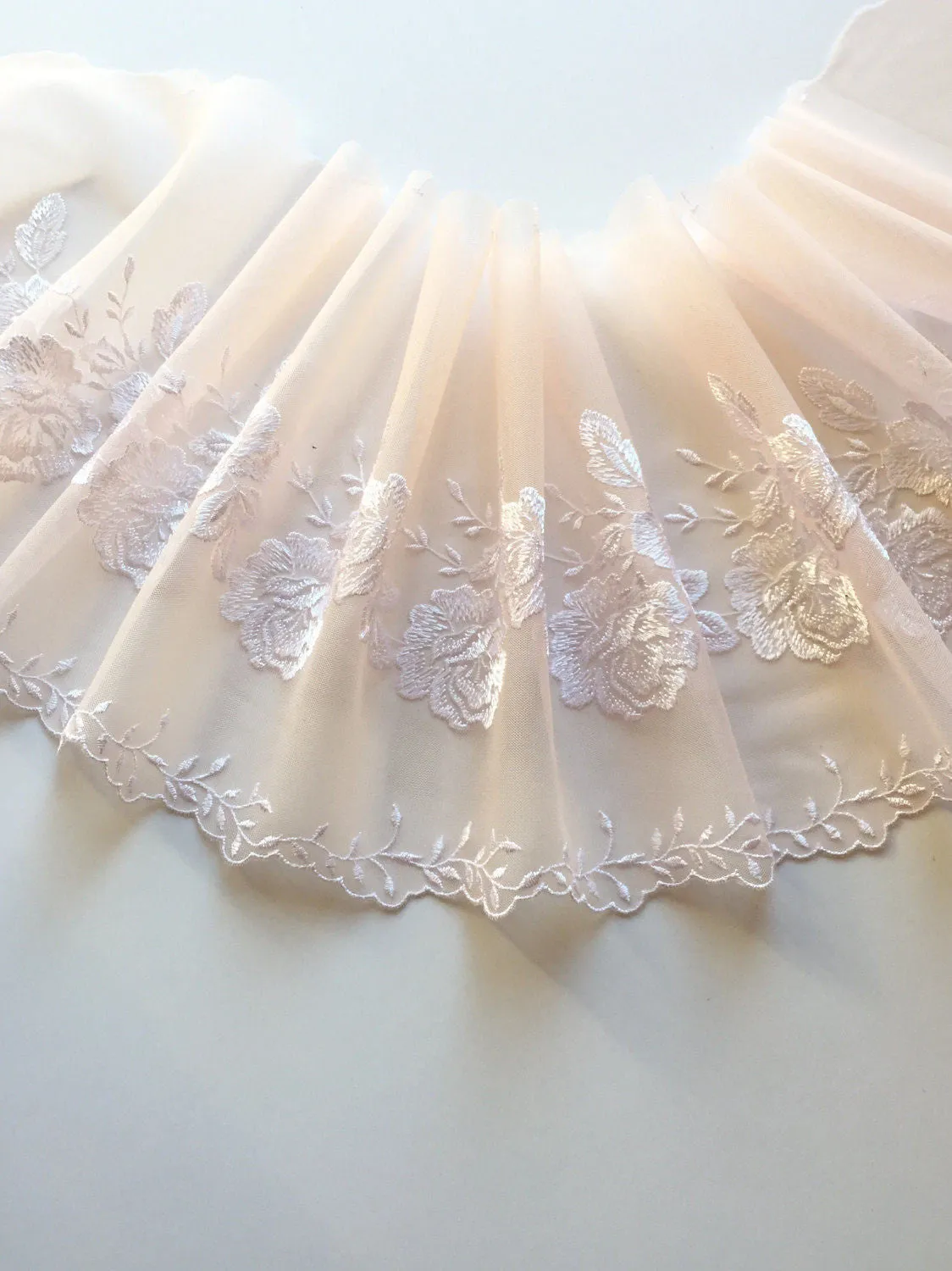 Light Peach/White 7" Wide Embroidered Lace Trim