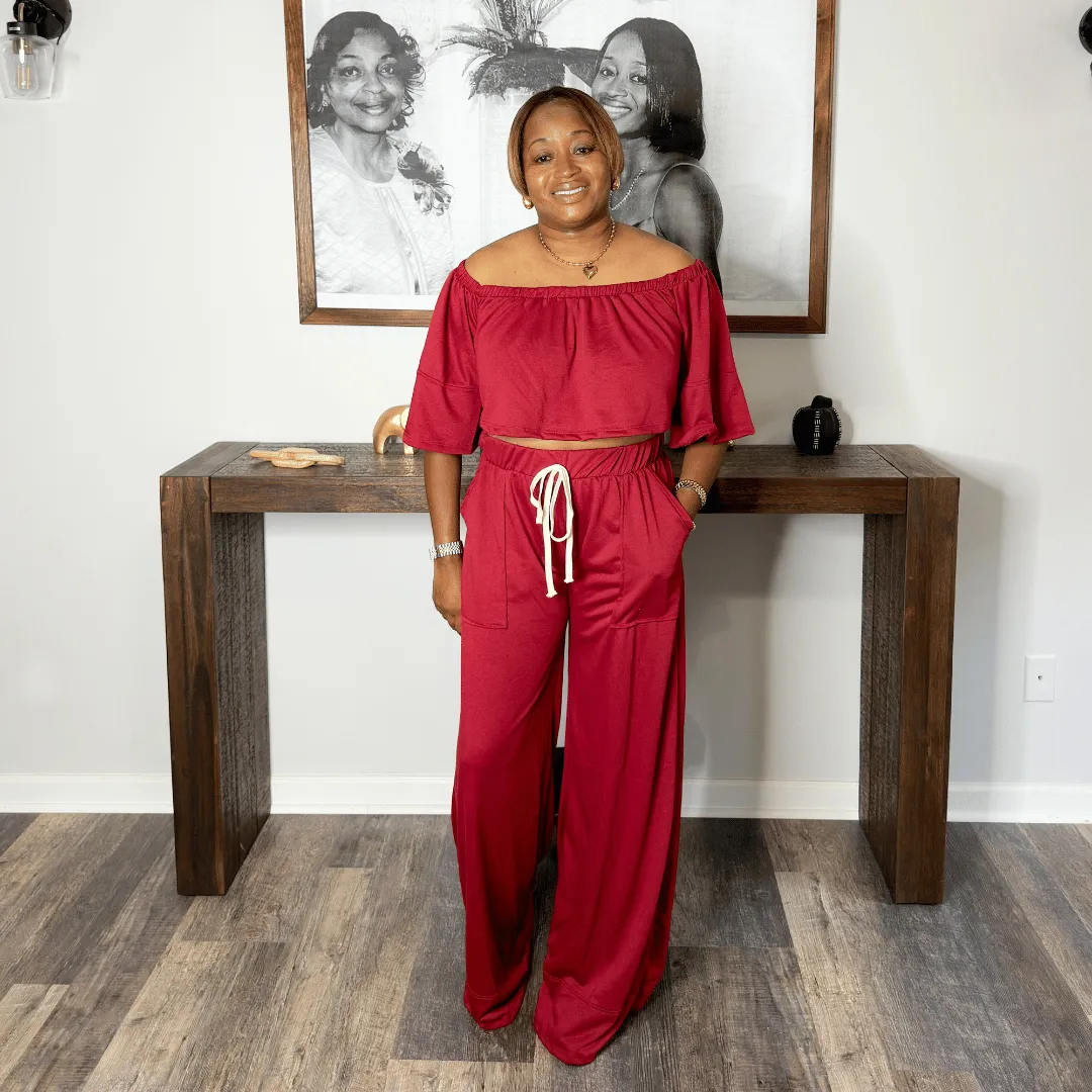 'Lissa' Off Shoulder Crop Top and Palazzo Pants Set | Burgundy