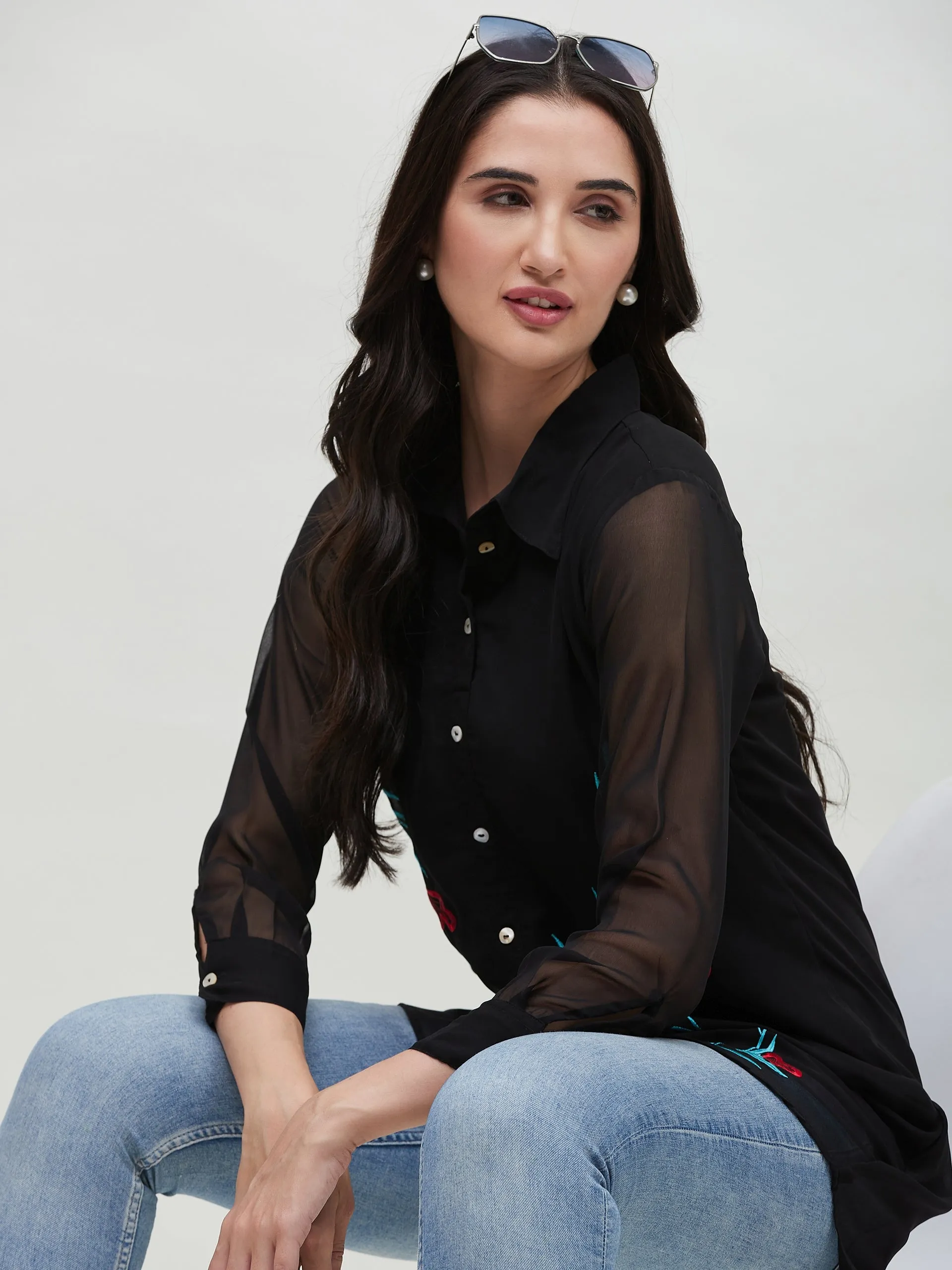 Long Black Embroidered Shirt