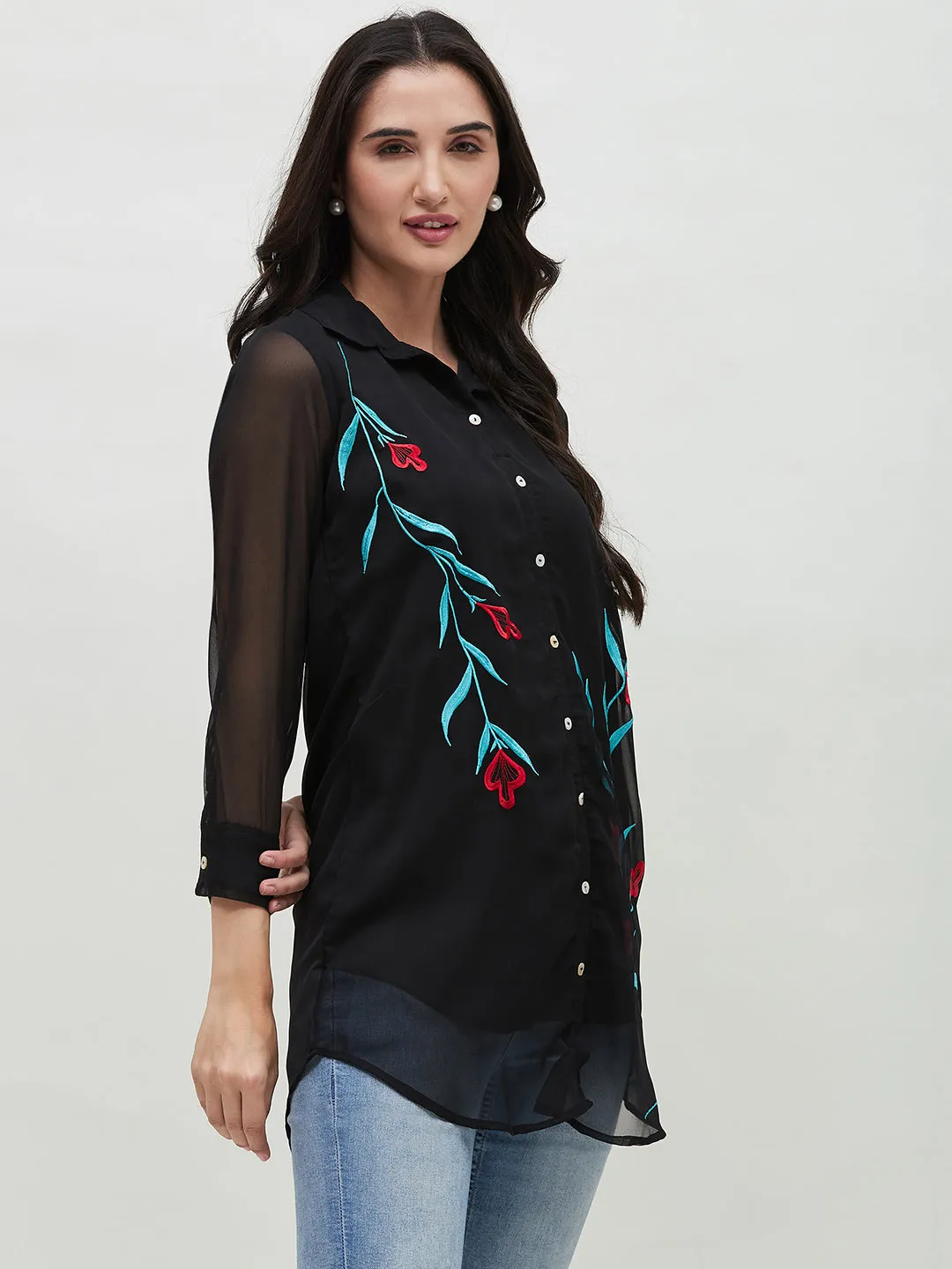 Long Black Embroidered Shirt