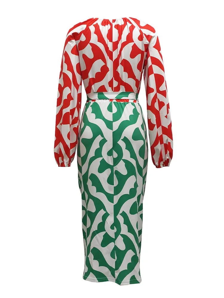 Long Sleeve Printed Ruched Midi Dresses