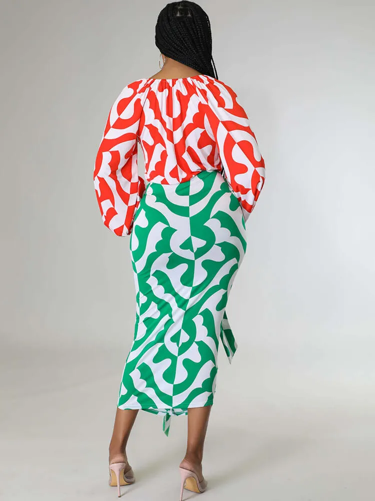 Long Sleeve Printed Ruched Midi Dresses