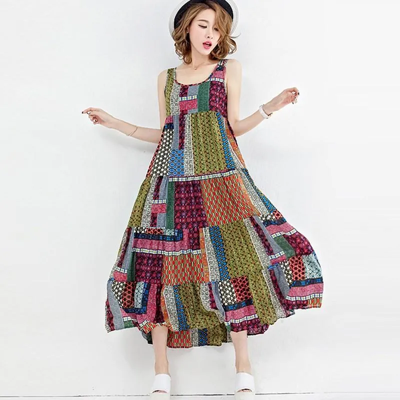 Loose Patchwork Print Sleeveless Hippie Dress