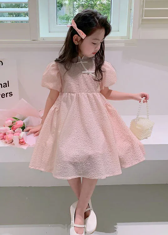 Lovely Pink Stand Collar Button Patchwork Cotton Kids Girls Dresses Summer LY6523