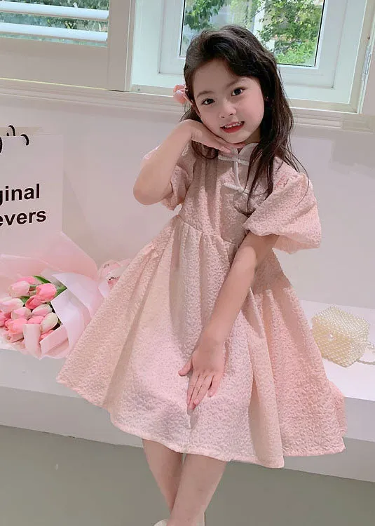 Lovely Pink Stand Collar Button Patchwork Cotton Kids Girls Dresses Summer LY6523