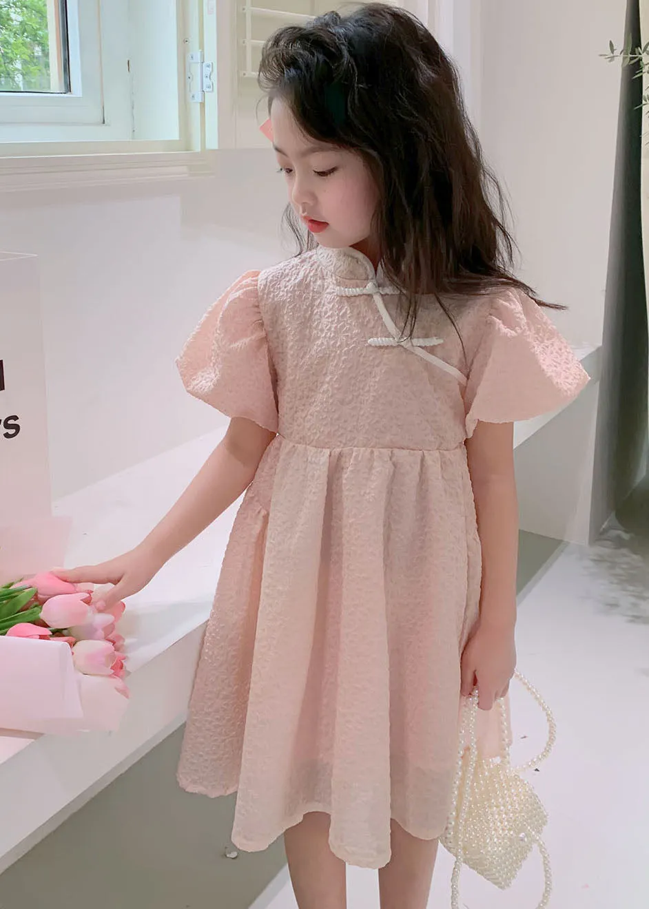 Lovely Pink Stand Collar Button Patchwork Cotton Kids Girls Dresses Summer LY6523