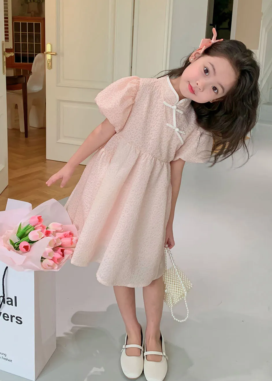 Lovely Pink Stand Collar Button Patchwork Cotton Kids Girls Dresses Summer LY6523