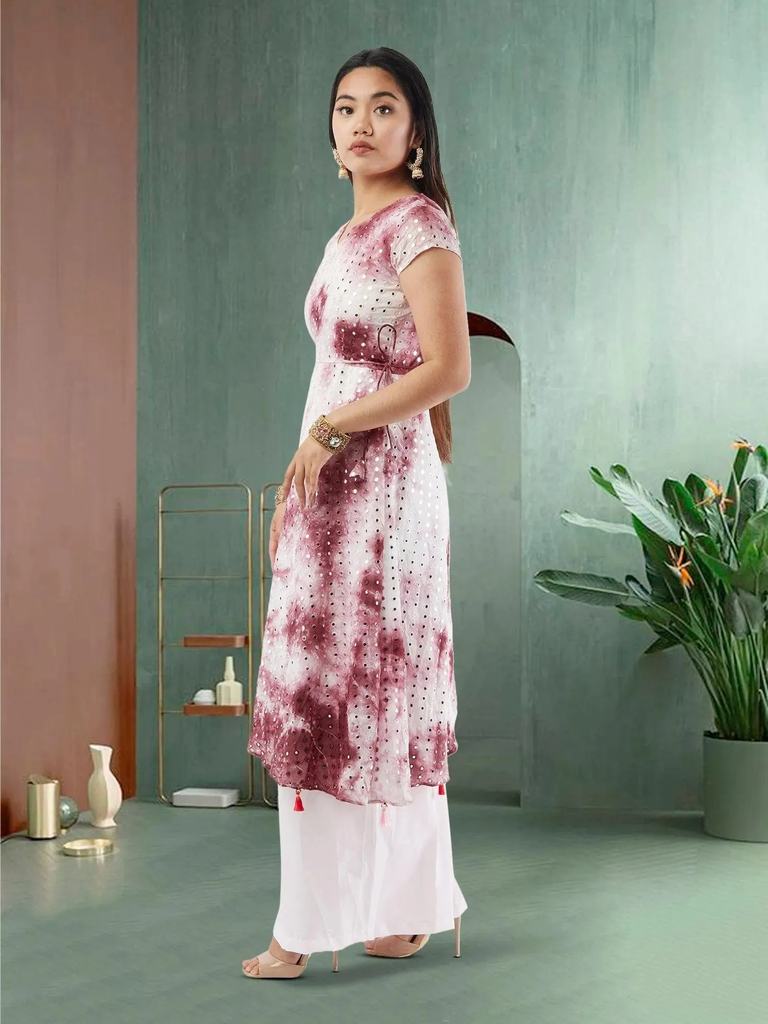 Maroon and Pink Diagonal Palazzo Suit with Mirror Work