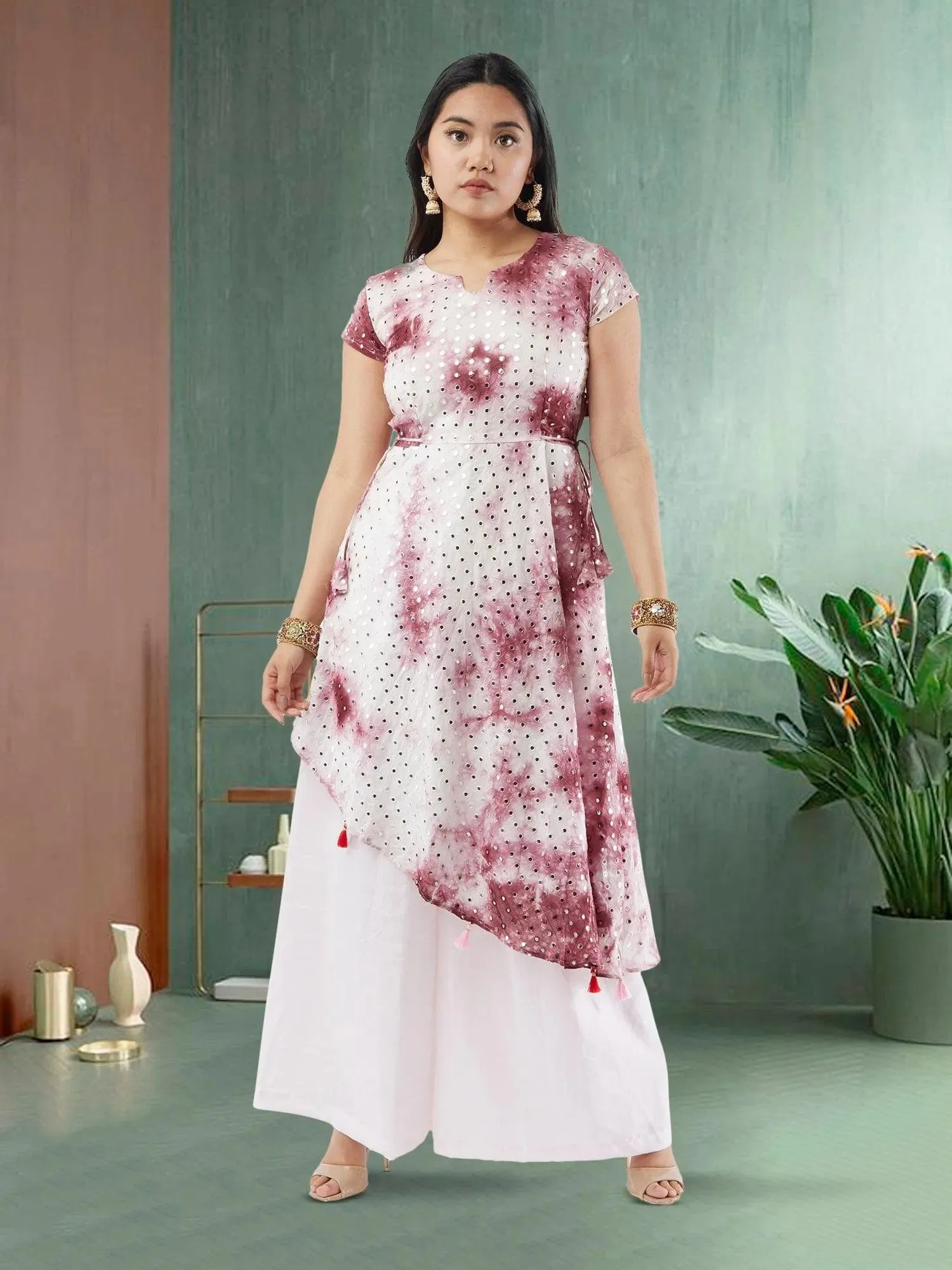 Maroon and Pink Diagonal Palazzo Suit with Mirror Work