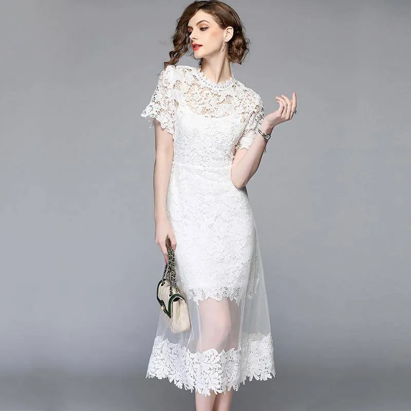 Mesh Patchwork Lace O-Neck Work Casual Dress