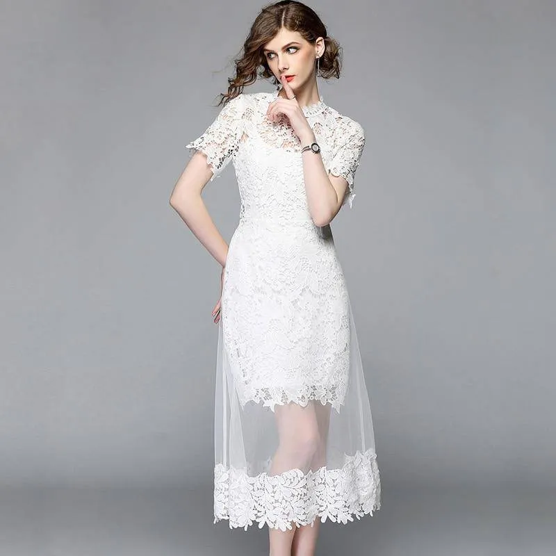 Mesh Patchwork Lace O-Neck Work Casual Dress