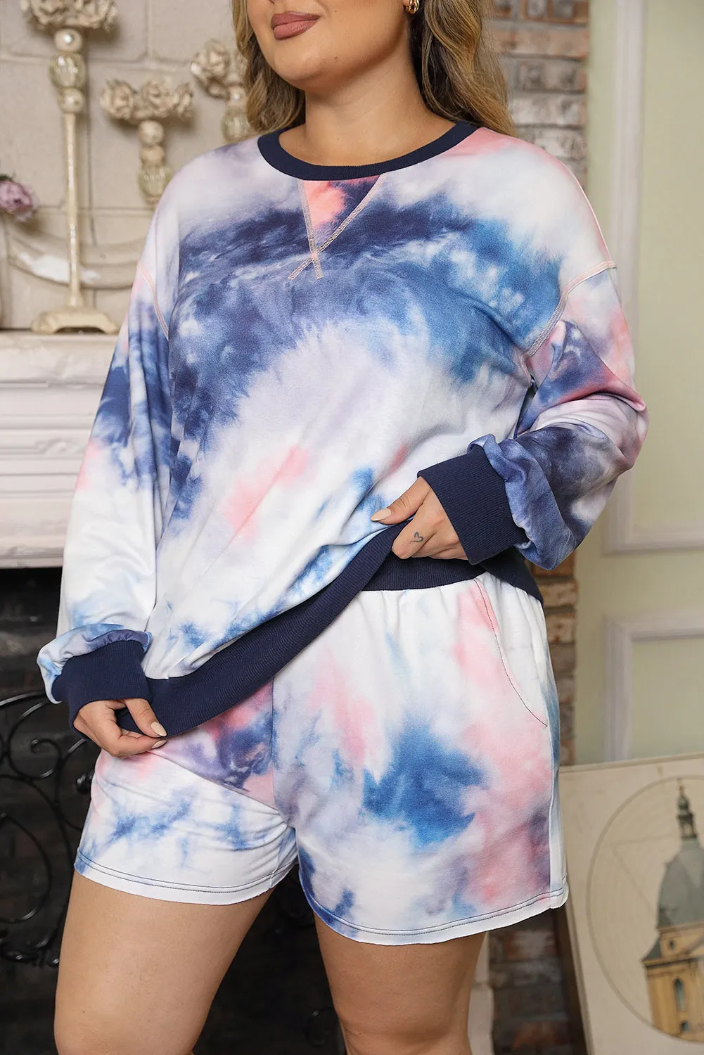 Multicolor Plus Size Tie Dye Pullover Top and Shorts Set