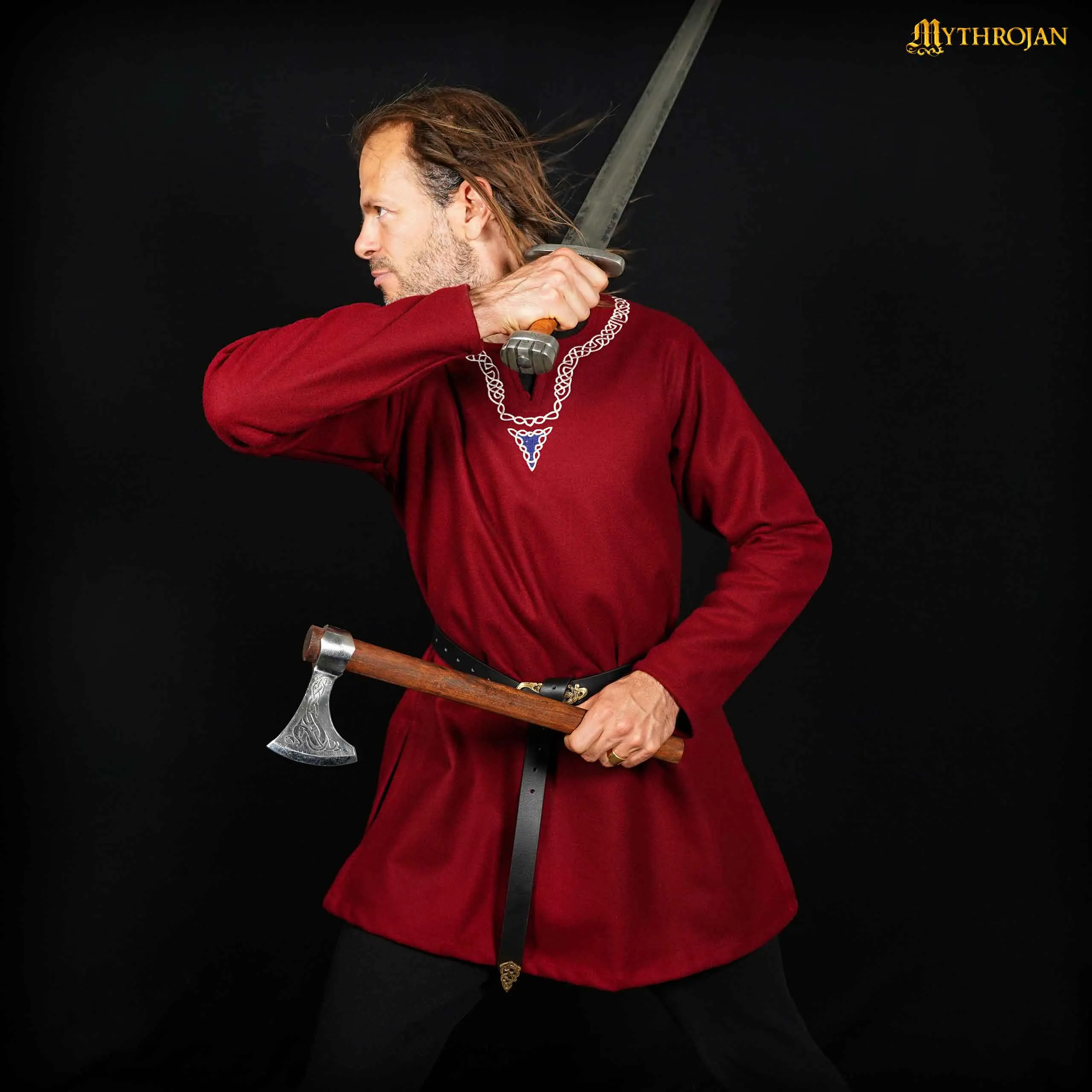 Mythrojan Embroidered Woolen Viking Tunic , Ideal for Vikings Warriors Rangers LARP SCA, Maroon