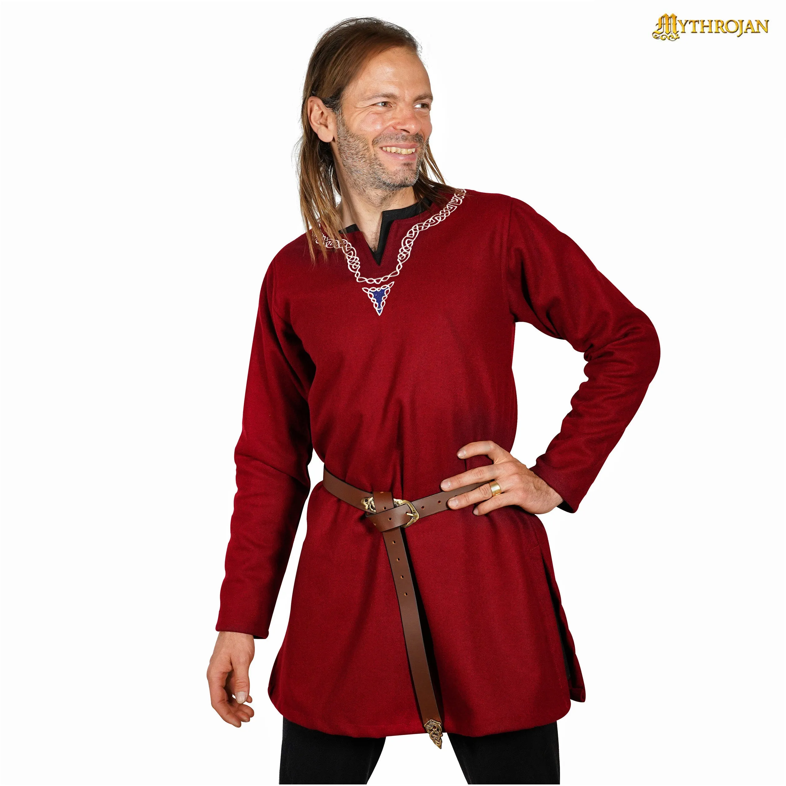 Mythrojan Embroidered Woolen Viking Tunic , Ideal for Vikings Warriors Rangers LARP SCA, Maroon