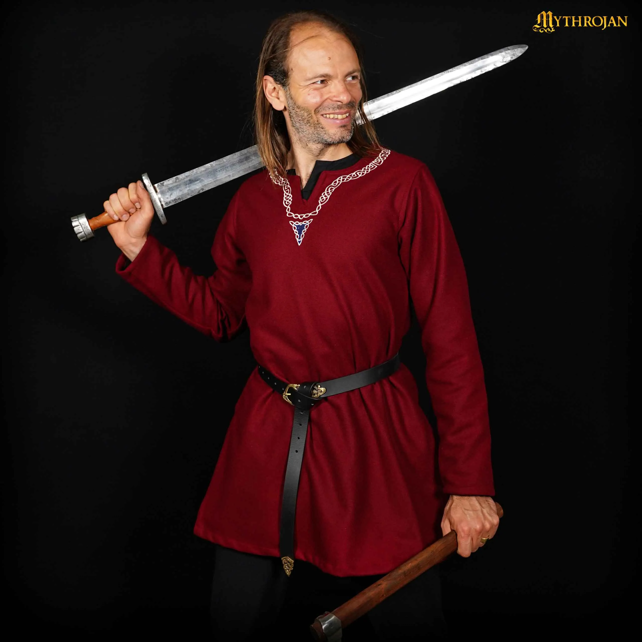 Mythrojan Embroidered Woolen Viking Tunic , Ideal for Vikings Warriors Rangers LARP SCA, Maroon