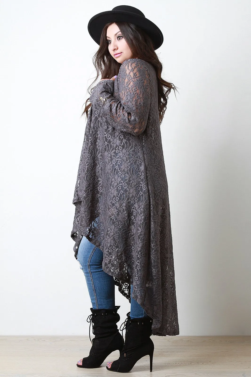 Open Cascade Front Longline Lace Cardigan