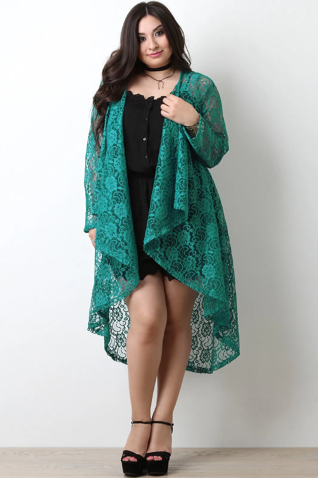 Open Cascade Front Longline Lace Cardigan