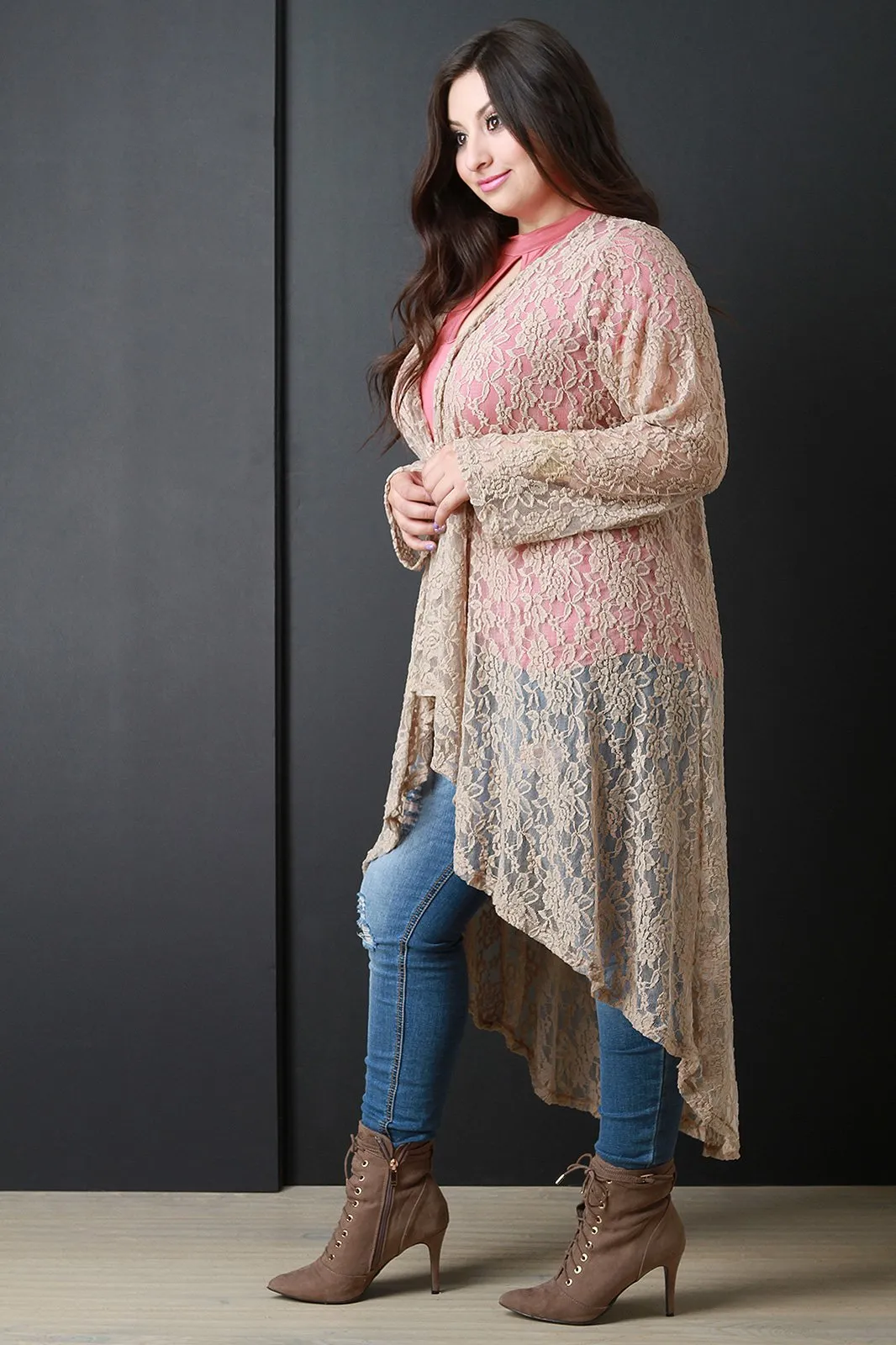 Open Cascade Front Longline Lace Cardigan