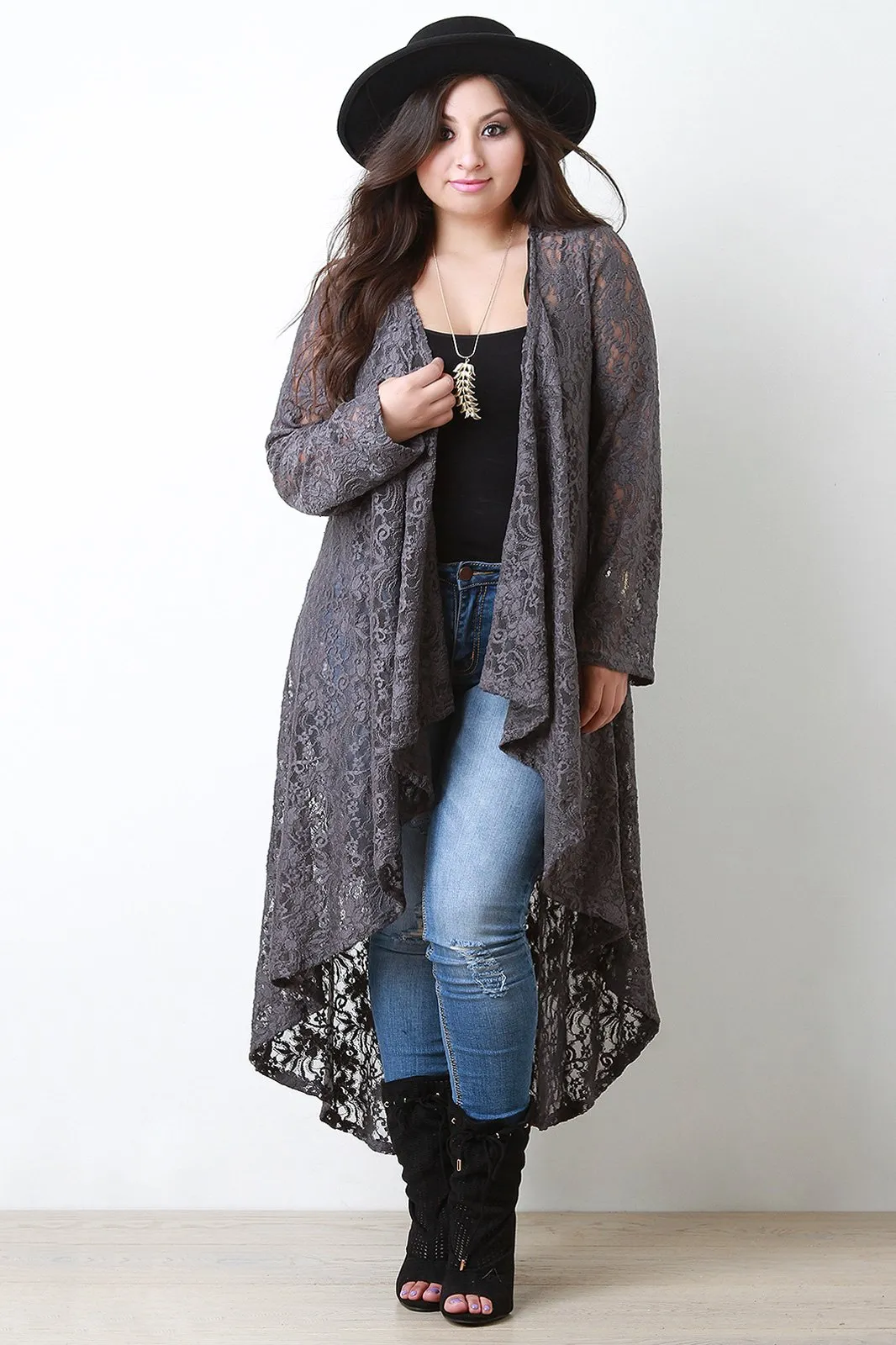 Open Cascade Front Longline Lace Cardigan