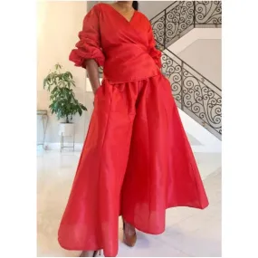 Palazzo Wide Leg Pants with Wrap Blouse Ruffle Sleeves 2 Piece Set - Silk Feel