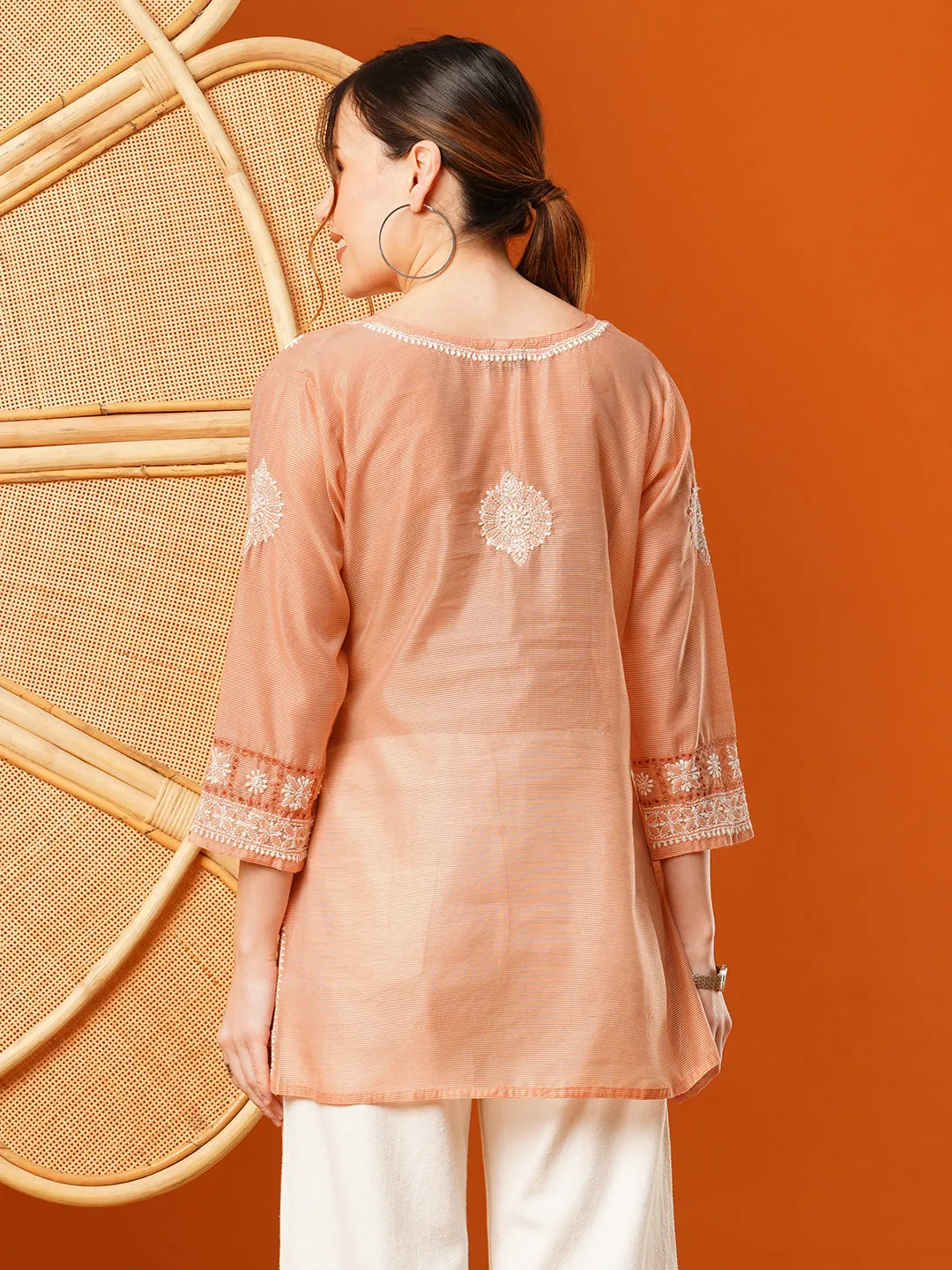 Peach Chanderi Ethnic Motifs Embroidered Tunic