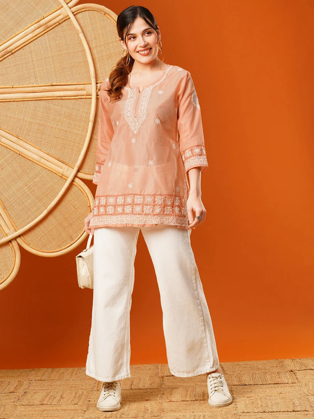 Peach Chanderi Ethnic Motifs Embroidered Tunic