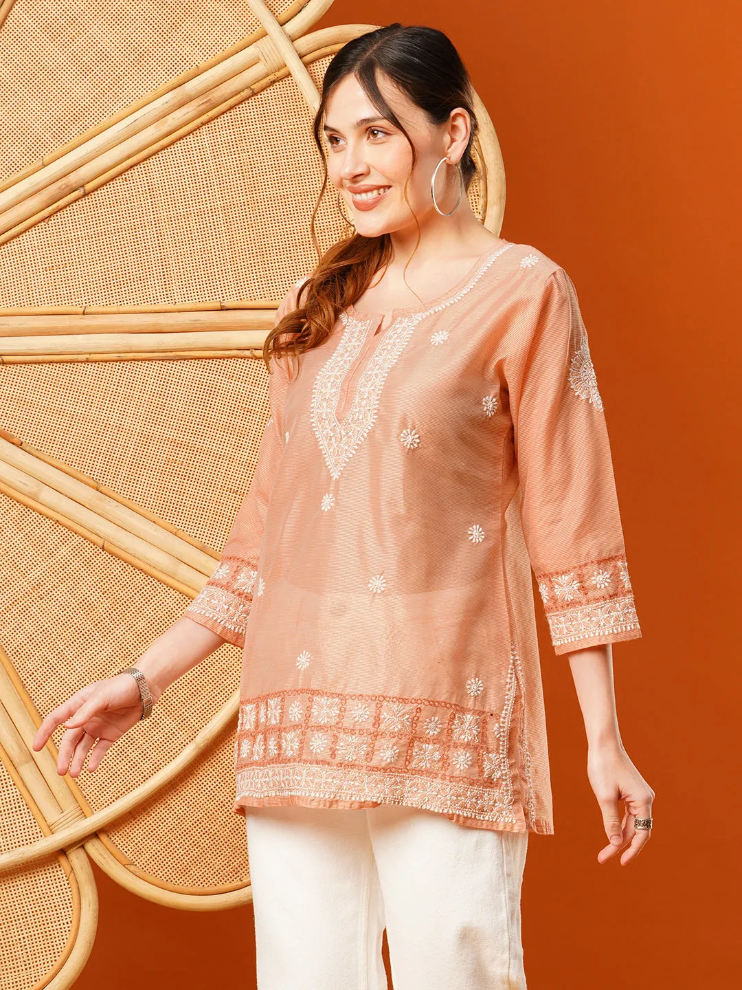 Peach Chanderi Ethnic Motifs Embroidered Tunic