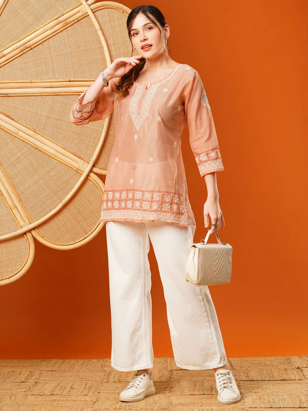 Peach Chanderi Ethnic Motifs Embroidered Tunic