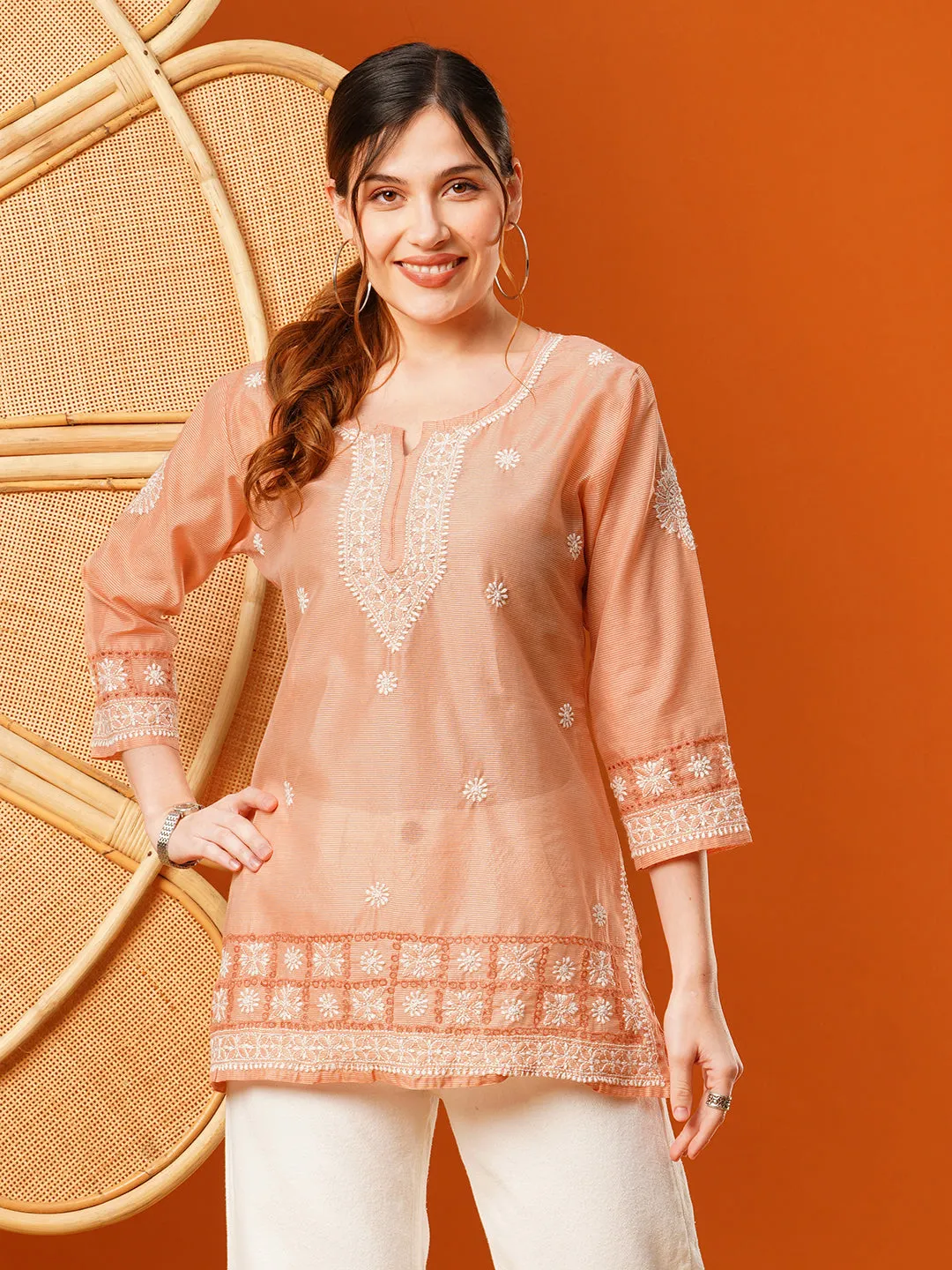 Peach Chanderi Ethnic Motifs Embroidered Tunic