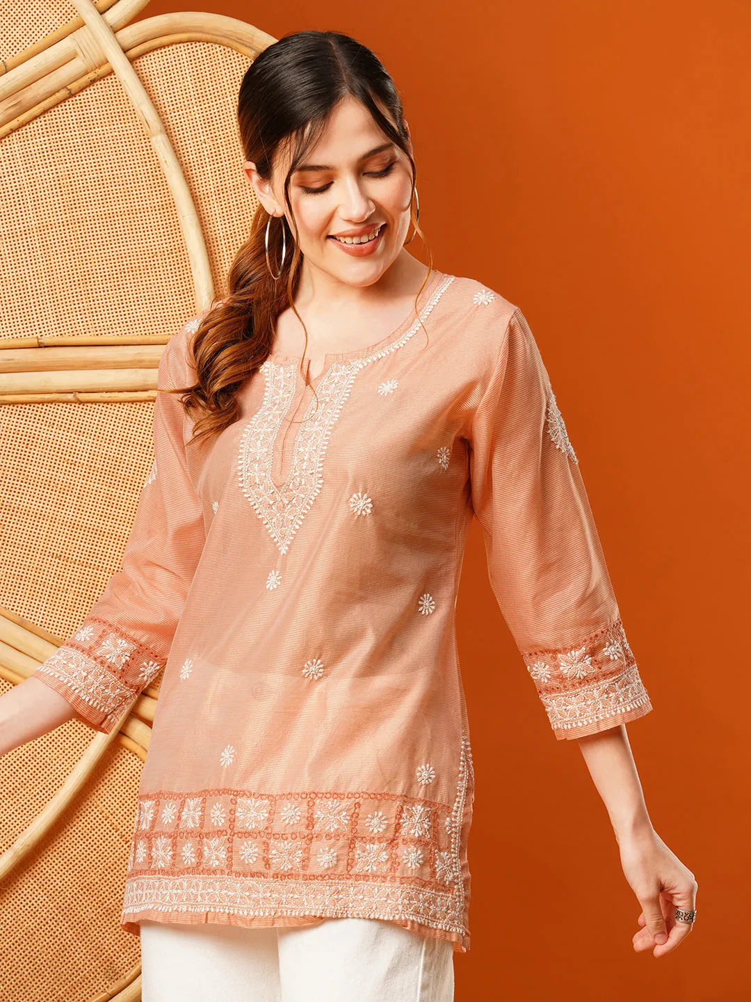 Peach Chanderi Ethnic Motifs Embroidered Tunic