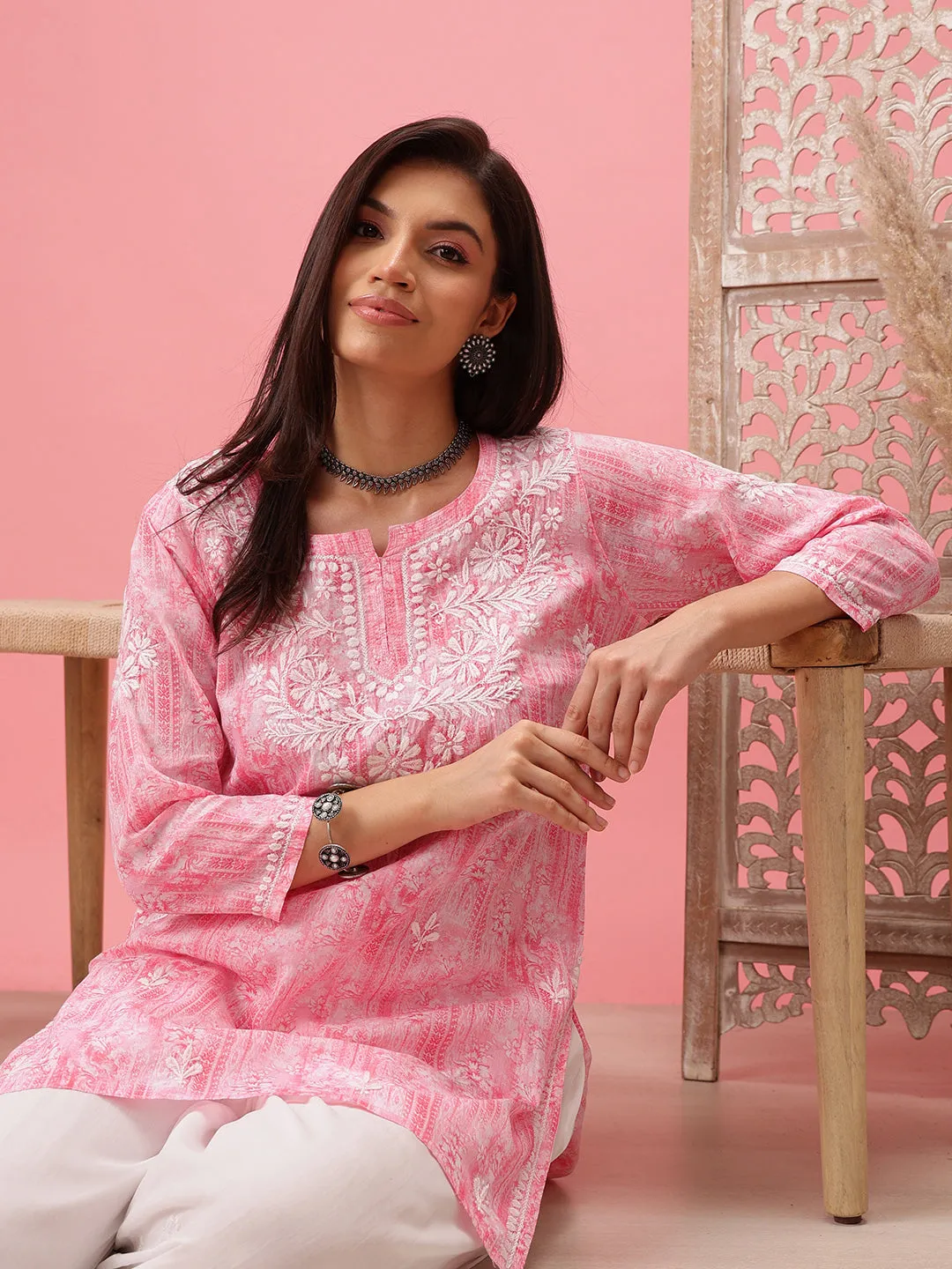 Pink & White Cotton Embroidered Chikankari Tunic