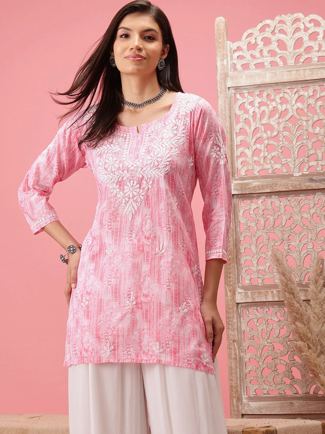 Pink & White Cotton Embroidered Chikankari Tunic