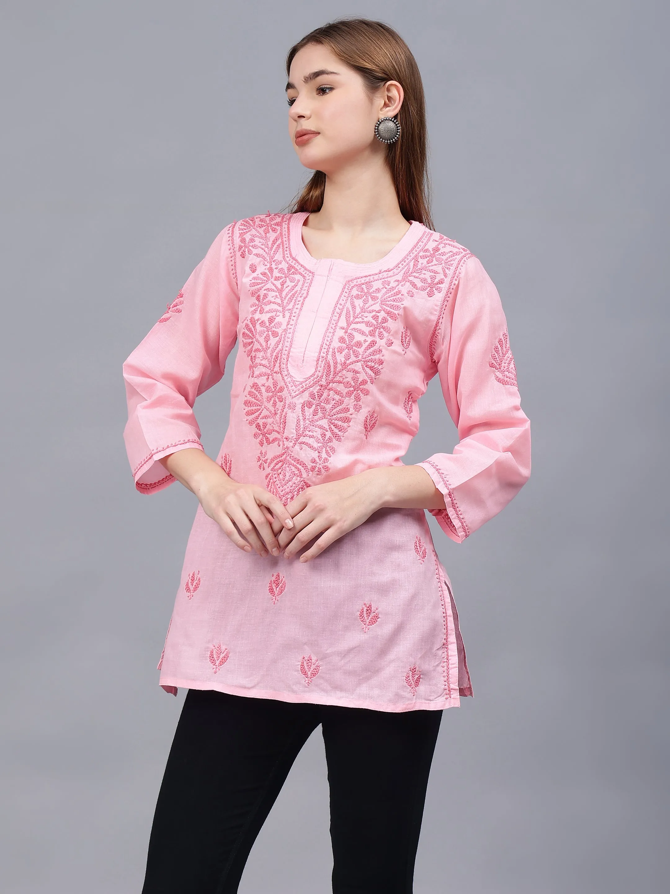 Pink Cotton Embroidered Chikankari Tunic