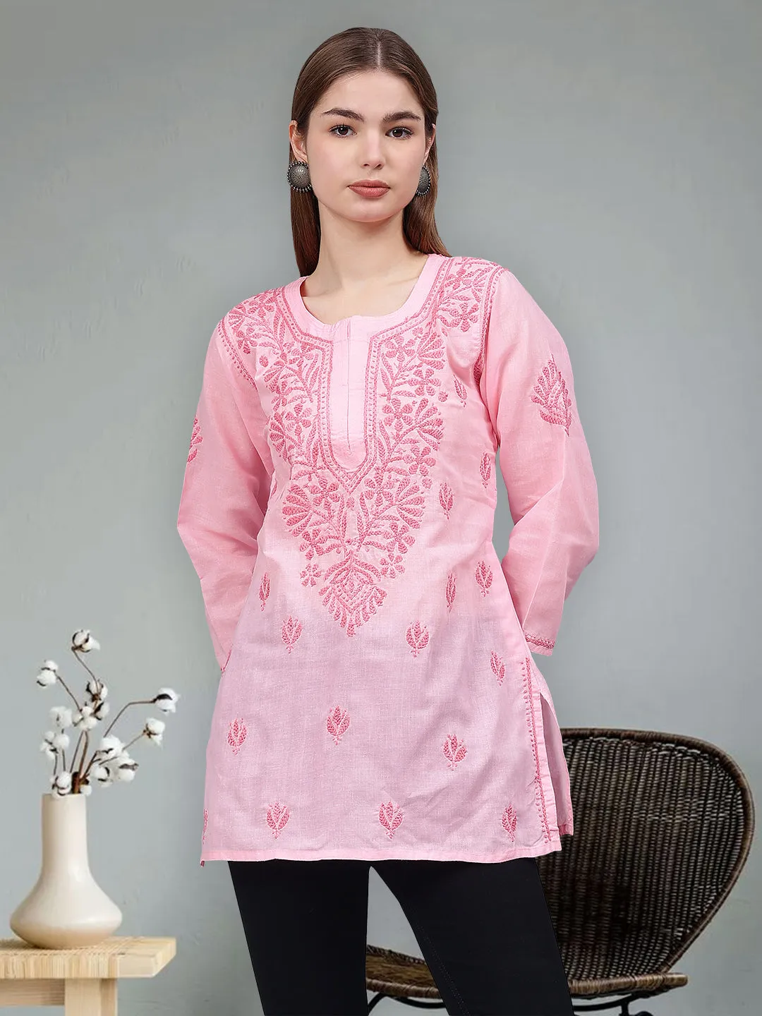 Pink Cotton Embroidered Chikankari Tunic