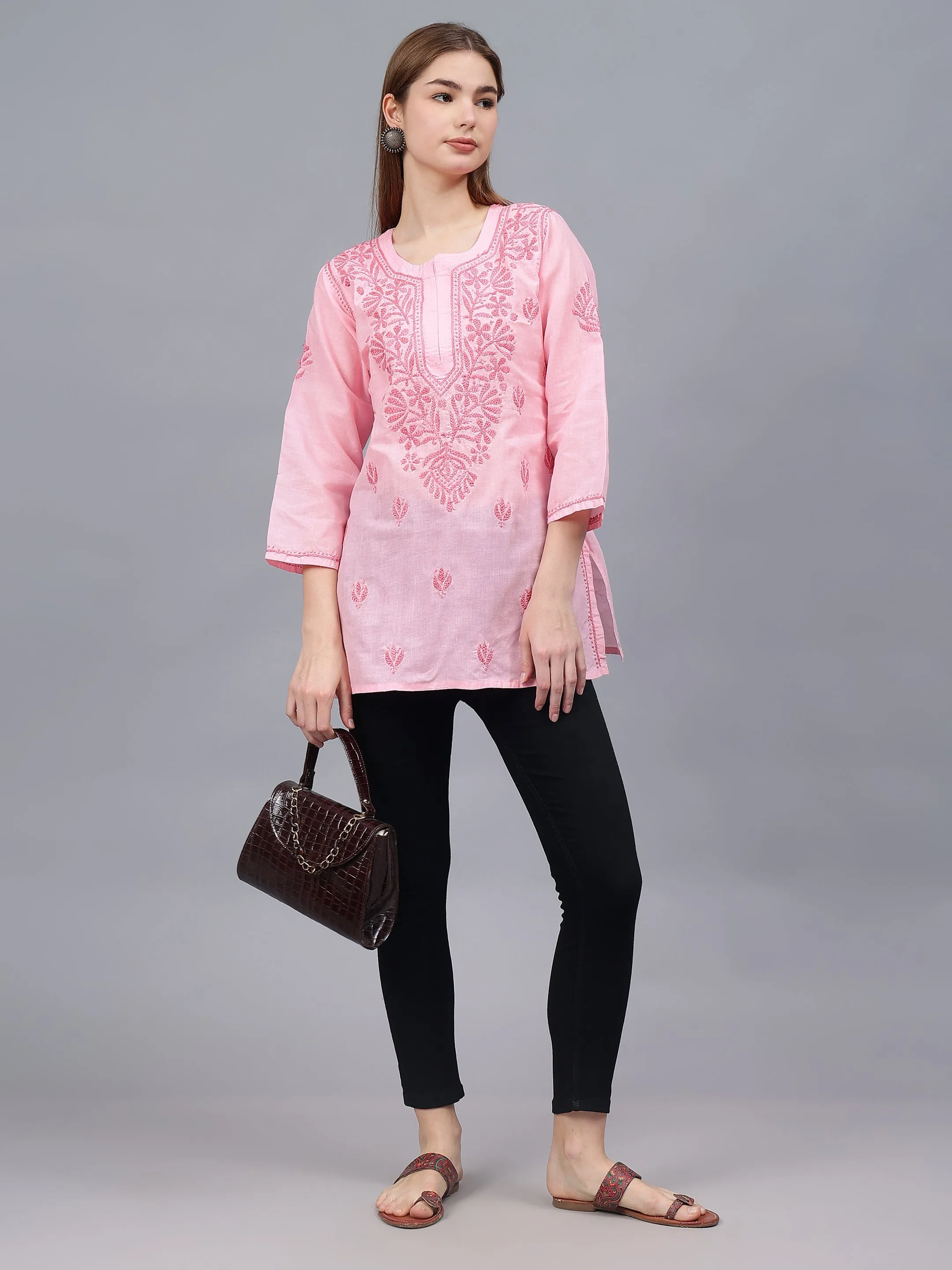 Pink Cotton Embroidered Chikankari Tunic